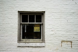 A single-pane window with a wooden frame set in a pale brick wall. The window has four sections and appears to be slightly weathered. Through the glass, a hint of greenery can be seen, suggesting an outdoor view or reflected foliage.
