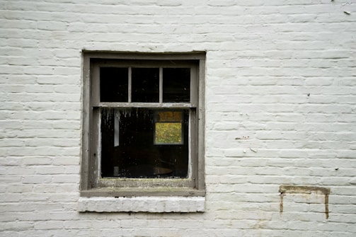 A single-pane window with a wooden frame set in a pale brick wall. The window has four sections and appears to be slightly weathered. Through the glass, a hint of greenery can be seen, suggesting an outdoor view or reflected foliage.