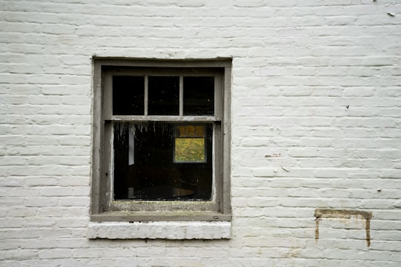 A single-pane window with a wooden frame set in a pale brick wall. The window has four sections and appears to be slightly weathered. Through the glass, a hint of greenery can be seen, suggesting an outdoor view or reflected foliage.