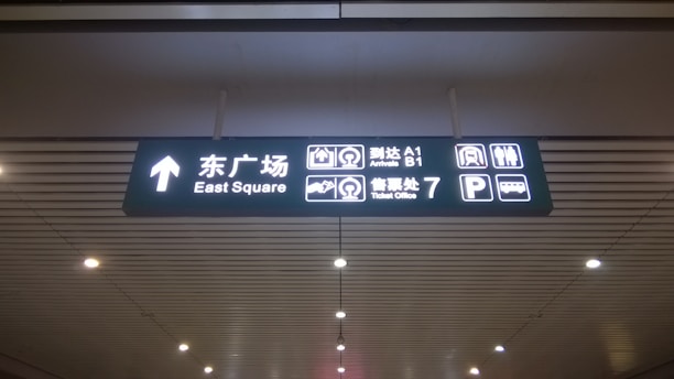 A ceiling-mounted directional sign in a public transportation or airport facility. It displays bilingual text in Chinese and English, with icons indicating directions to the East Square, arrival gates A1 and B1, a ticket office, a parking area, and a bus station.