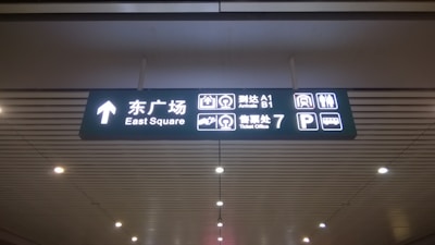 A ceiling-mounted directional sign in a public transportation or airport facility. It displays bilingual text in Chinese and English, with icons indicating directions to the East Square, arrival gates A1 and B1, a ticket office, a parking area, and a bus station.