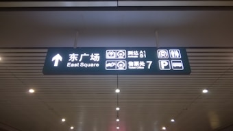 A ceiling-mounted directional sign in a public transportation or airport facility. It displays bilingual text in Chinese and English, with icons indicating directions to the East Square, arrival gates A1 and B1, a ticket office, a parking area, and a bus station.