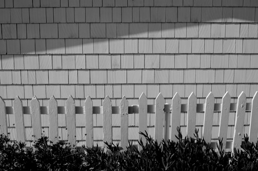 A white picket fence stands in front of a wall covered with wooden shingles. The fence casts a shadow on the lower part of the wall, and there are plants growing in front of the fence.