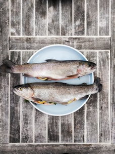 two silver fishes on round white ceramic plate