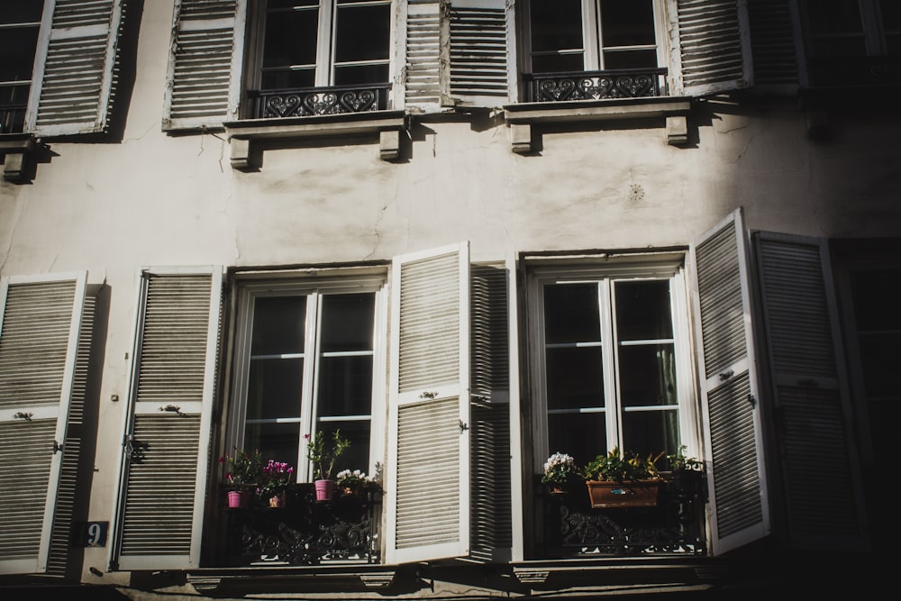 opened white wooden louver windows on white building