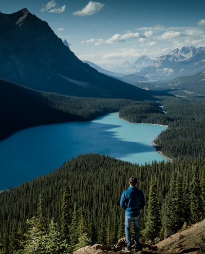 person watching view of lake from mountain