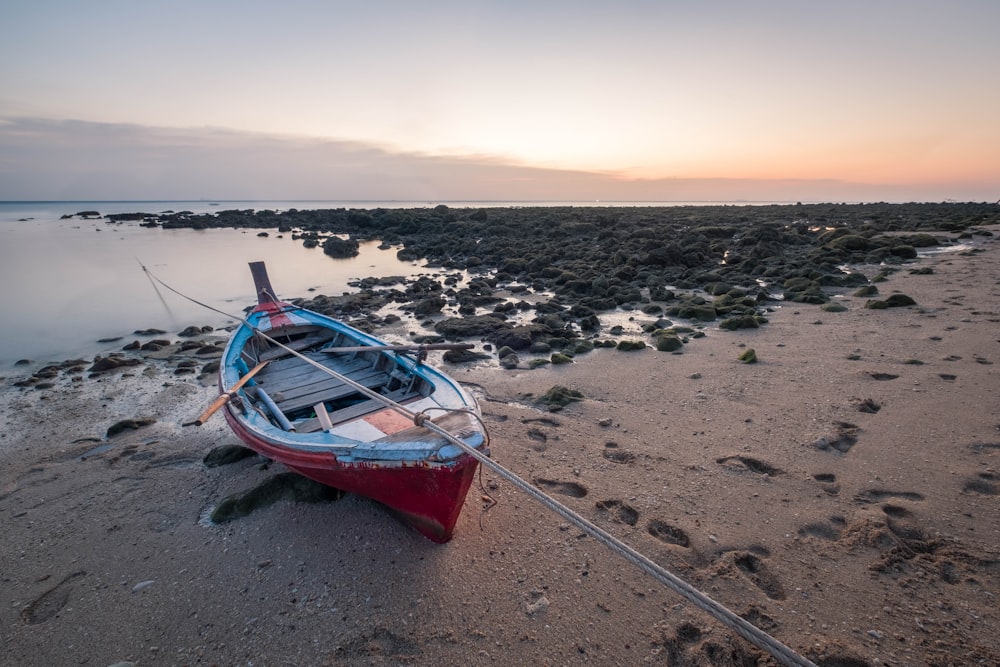 red and blue canoe near seashore