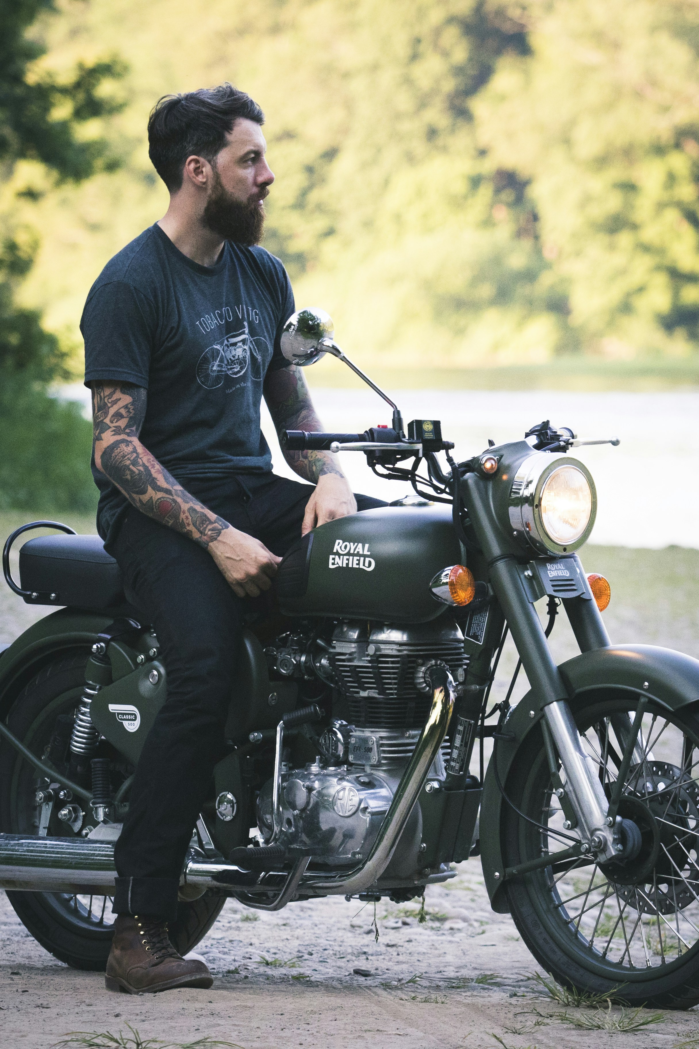 This is me, (http://twitter.com/ryanwaring) on my most recent motorcycle tour in the US. We were shooting the Royal Enfield models over 2000 miles in different terrain and this little beach in the Delaware Water Gap was a perfect spot.