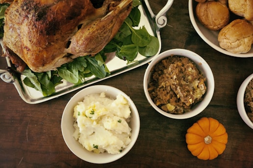 turkey mashed potatoes stuffing rolls pumpkin