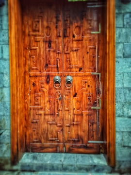 An intricately designed wooden door with geometric patterns carved into its surface. The door features a pair of ornate metal handles and is set within a stone wall structure. The wood has a rich, warm tone, and the stone wall contrasts with its cool gray hue.