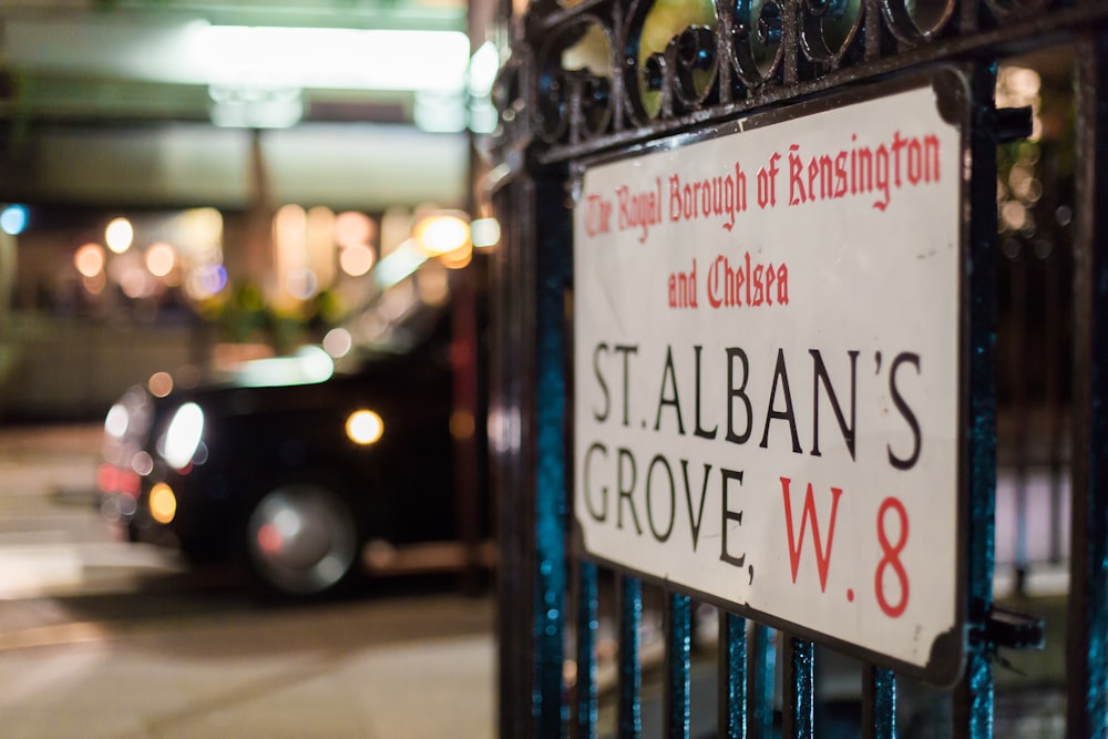 white St. Alban's Grove W.8 signage