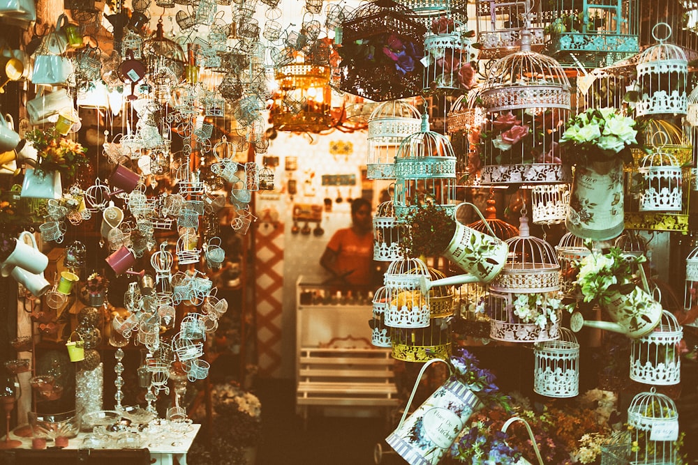 selective focus photo of pet cages with flowers