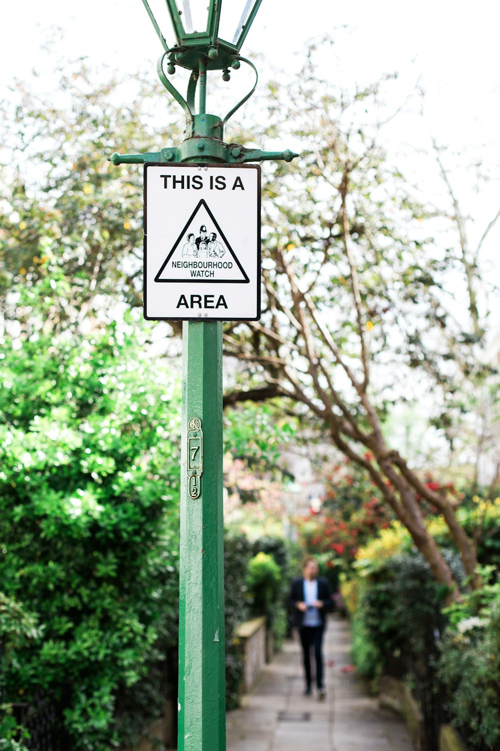 white signage hanging on green road light