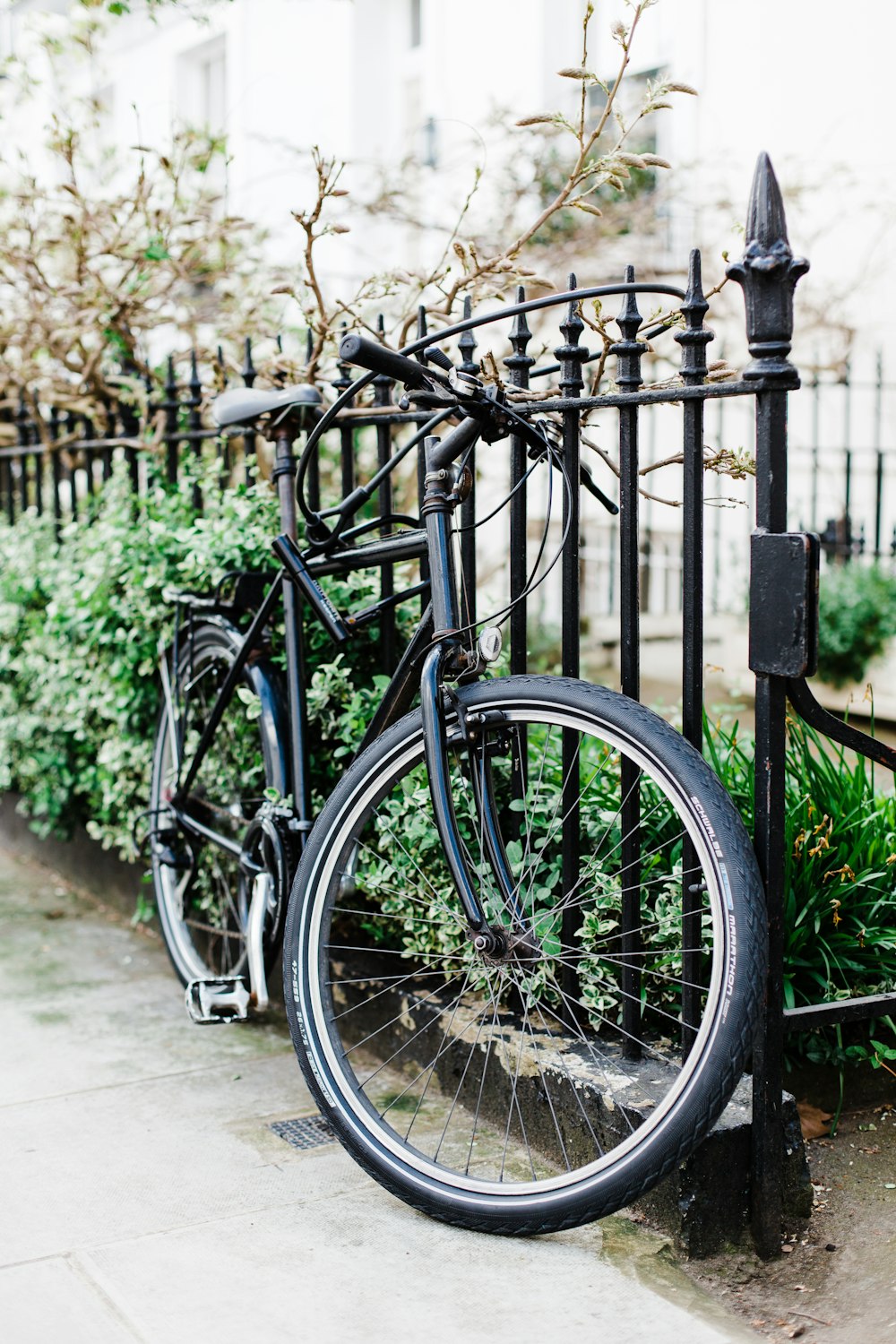 a bicycle parked next to a black iron fence