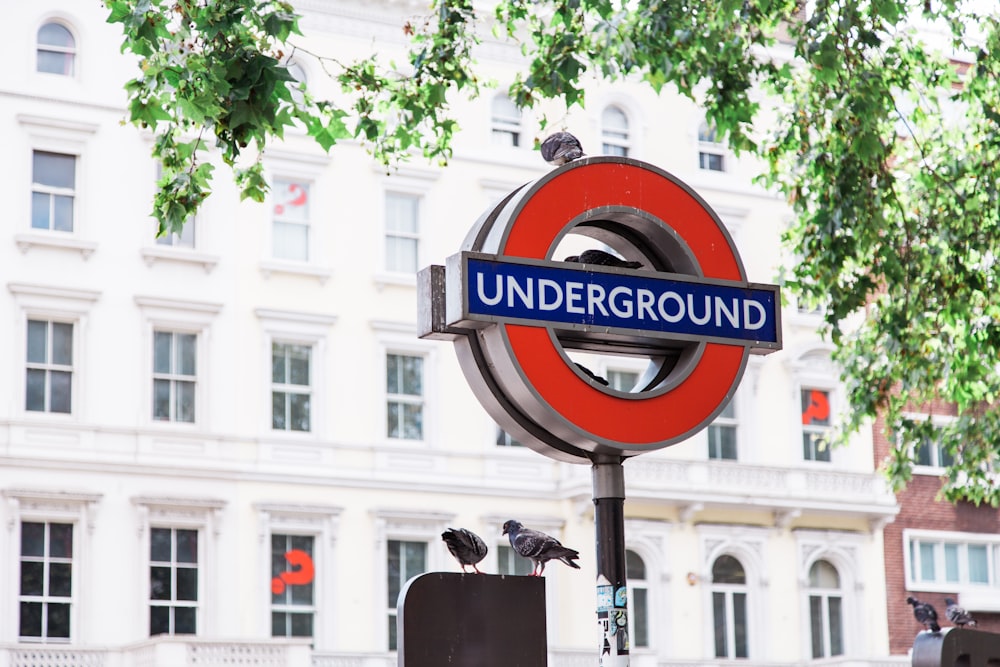 photo of red and black Underground street signage with two birds on top