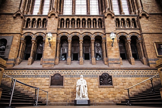 landscape photo of statue infront of brown building in Natural History Museum United Kingdom