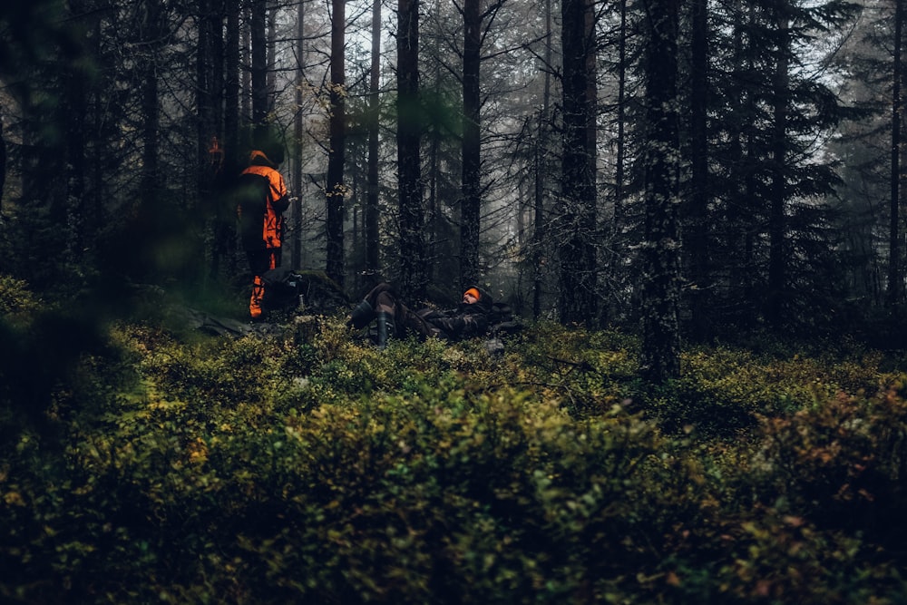 man standing on forest while doing bonfire