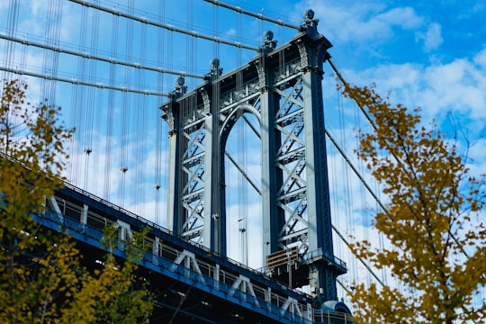 low-angle photo of gray bridge during daytime in Brooklyn Bridge Park United States