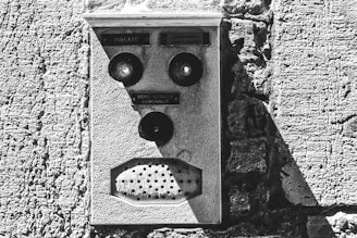 An old intercom system mounted on a textured stone wall. The intercom features three circular buttons and a perforated speaker area. The surface appears worn and aged, adding to the rustic aesthetic of the structure.