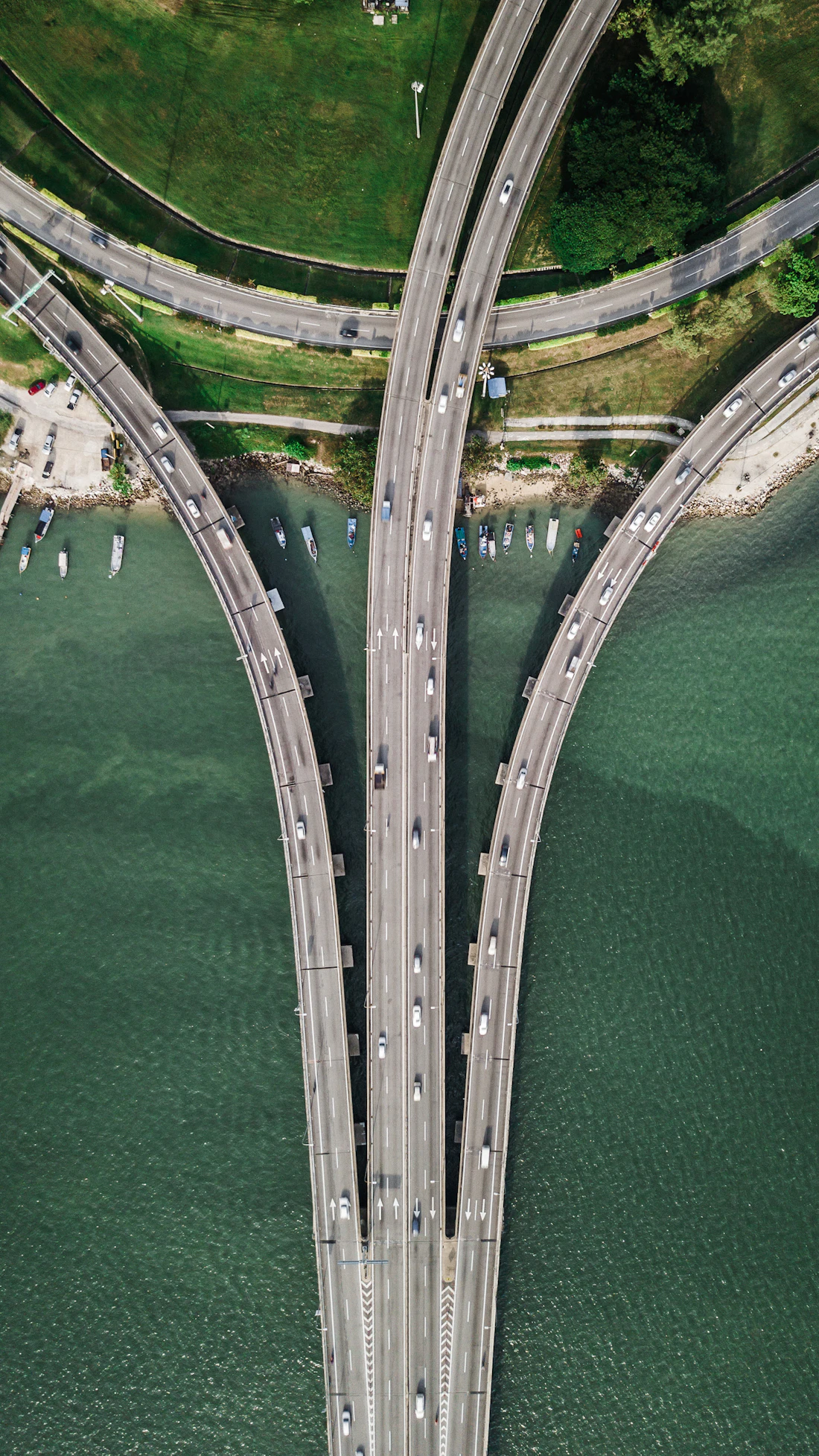 Stacked highway structures above a city