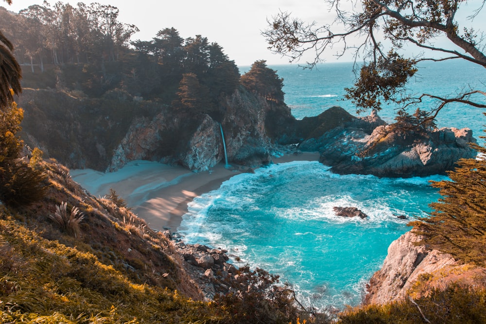 body of water near trees and mountain cliff during daytime