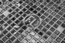 A close-up image of a textured metal grate with square openings, featuring an engraved circular logo in the center. Small puddles of water fill some of the squares, and scattered leaves are visible on the surface.