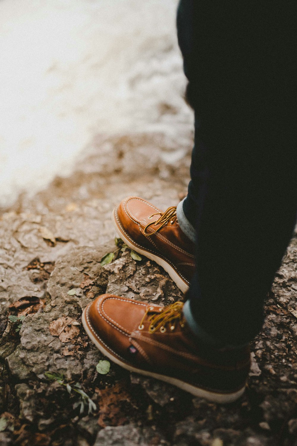 selective focus photography of person wearing brown lace-up shoes standing on rock
