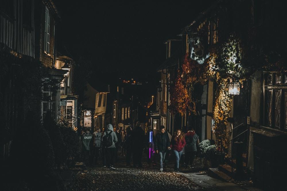 people walking on roadway between houses