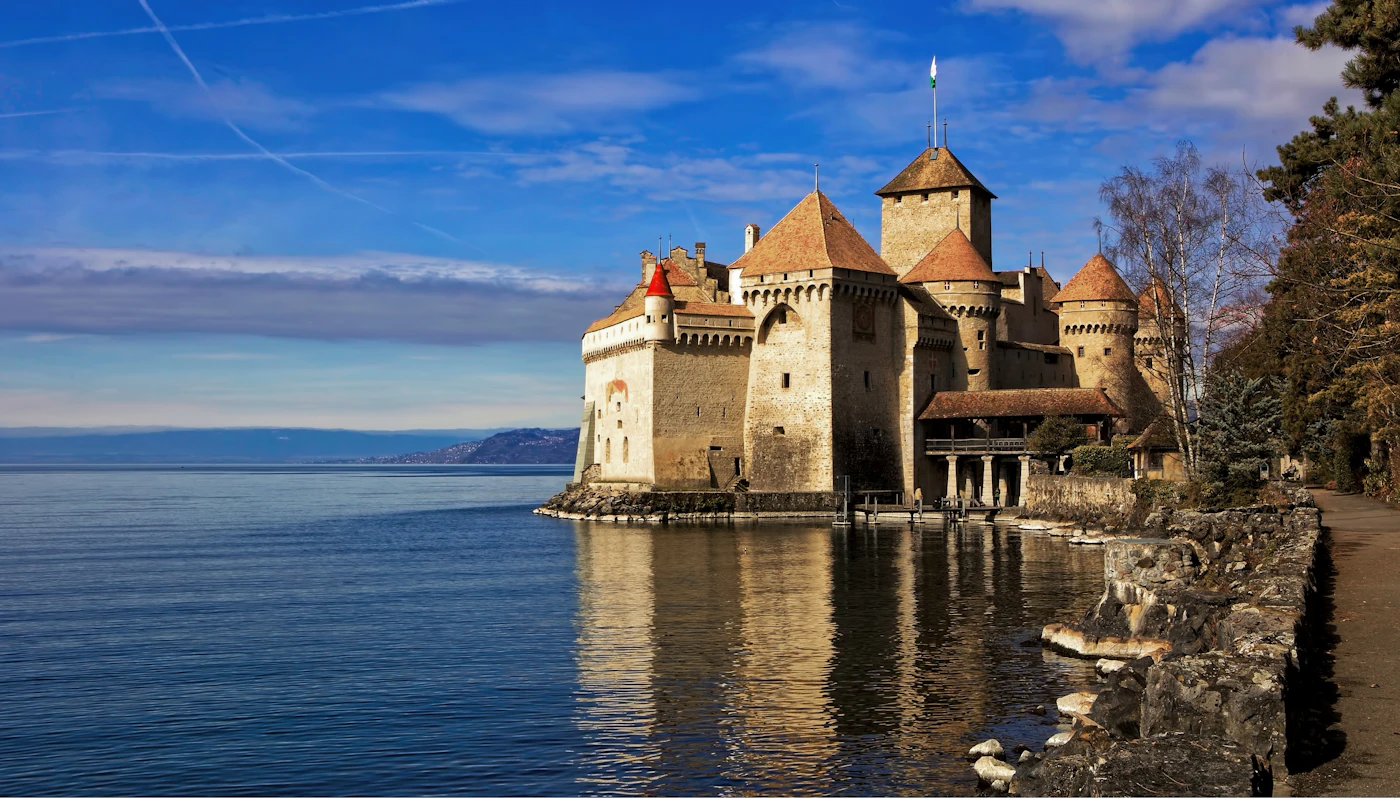 Chillon Castle on the shore of Lake Geneva near Montreux, Switzerland
