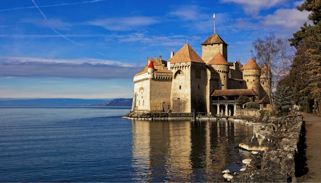 Chillon Castle on the shore of Lake Geneva near Montreux, Switzerland