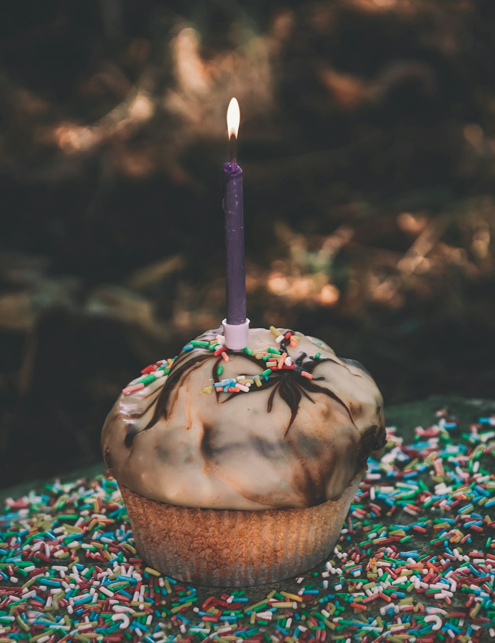 chocolate cupcake with purple candle on top