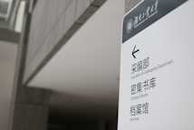 A sign in a modern building displays text in both English and Chinese. It provides directions to the Acquisition & Cataloguing Department, Compact Stacks, and Archives. The setting appears to be a university or a similar institutional environment with a sleek, minimalistic design.