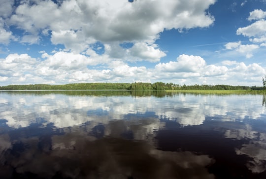 green metal fence near lake under blue sky and white clouds during daytime in Sulkava Finland