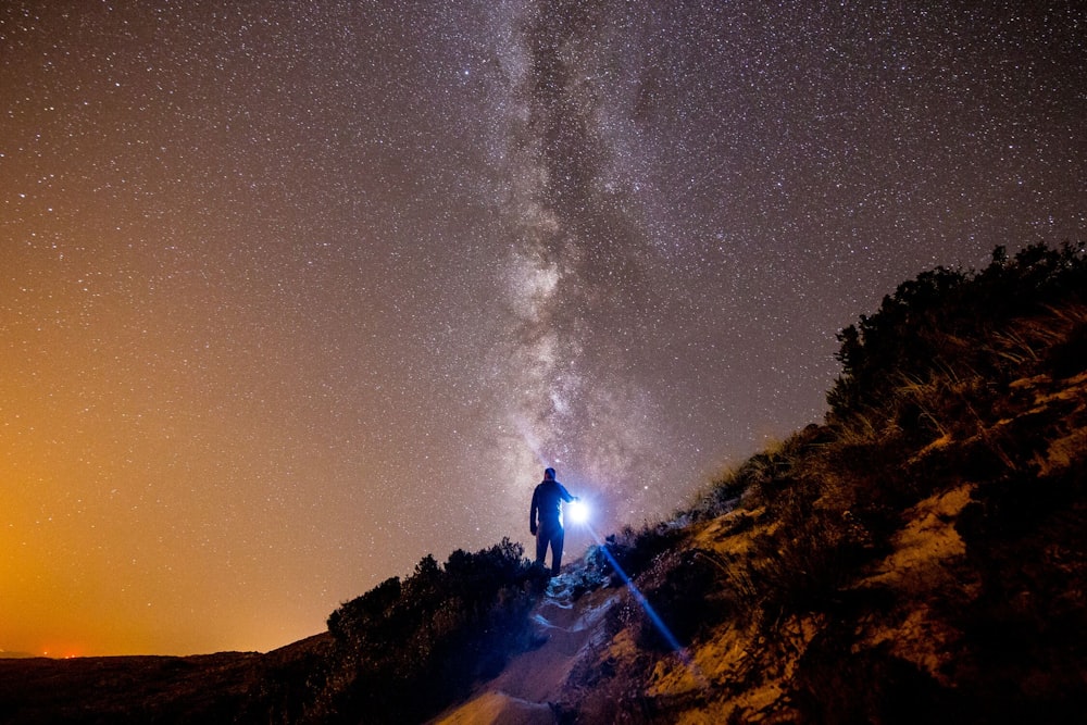 person on brown cliff under galaxy