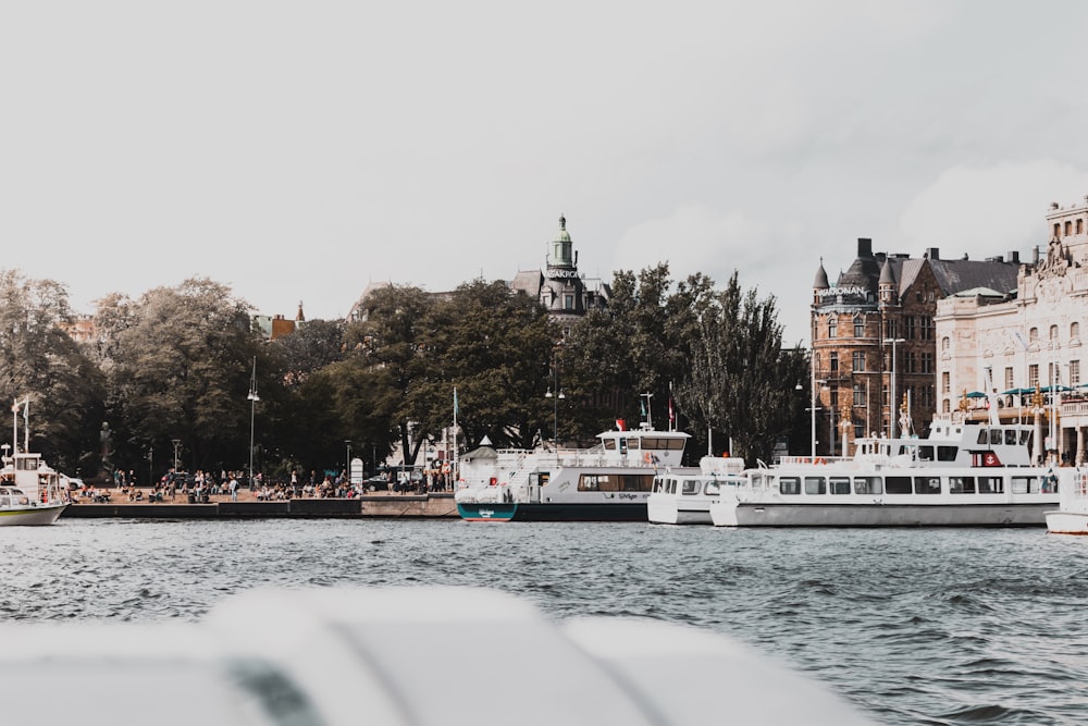 Weißes Boot auf dem Wasser in der Nähe von Gebäuden und Bäumen während des Tages