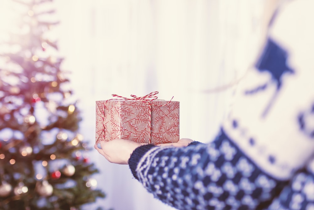 Person mit rot-brauner Geschenkbox vor dem Weihnachtsbaum im Zimmer