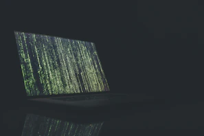 Cybersecurity expert analyzing threat detection data on a sleek laptop with a matte forest green backdrop.