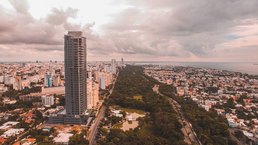 aerial view of houses and high rise building