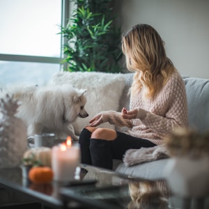 woman sitting on sofa while holding food for dog