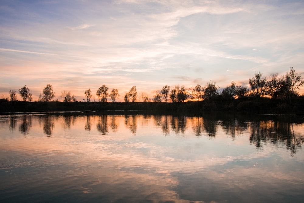 body of water near trees during sunset