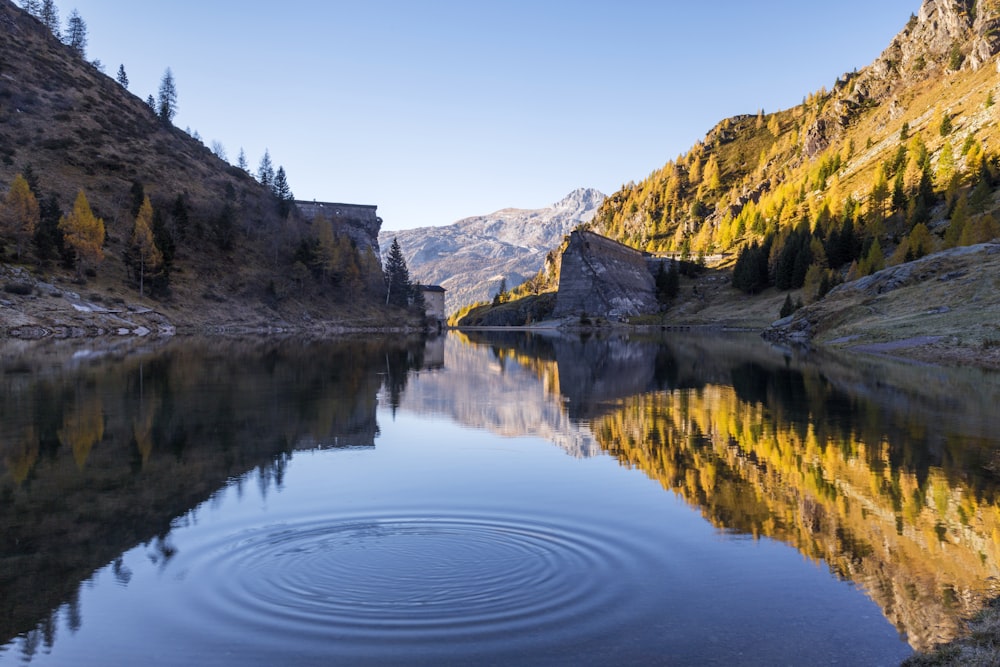 body of water between mountains during sunset