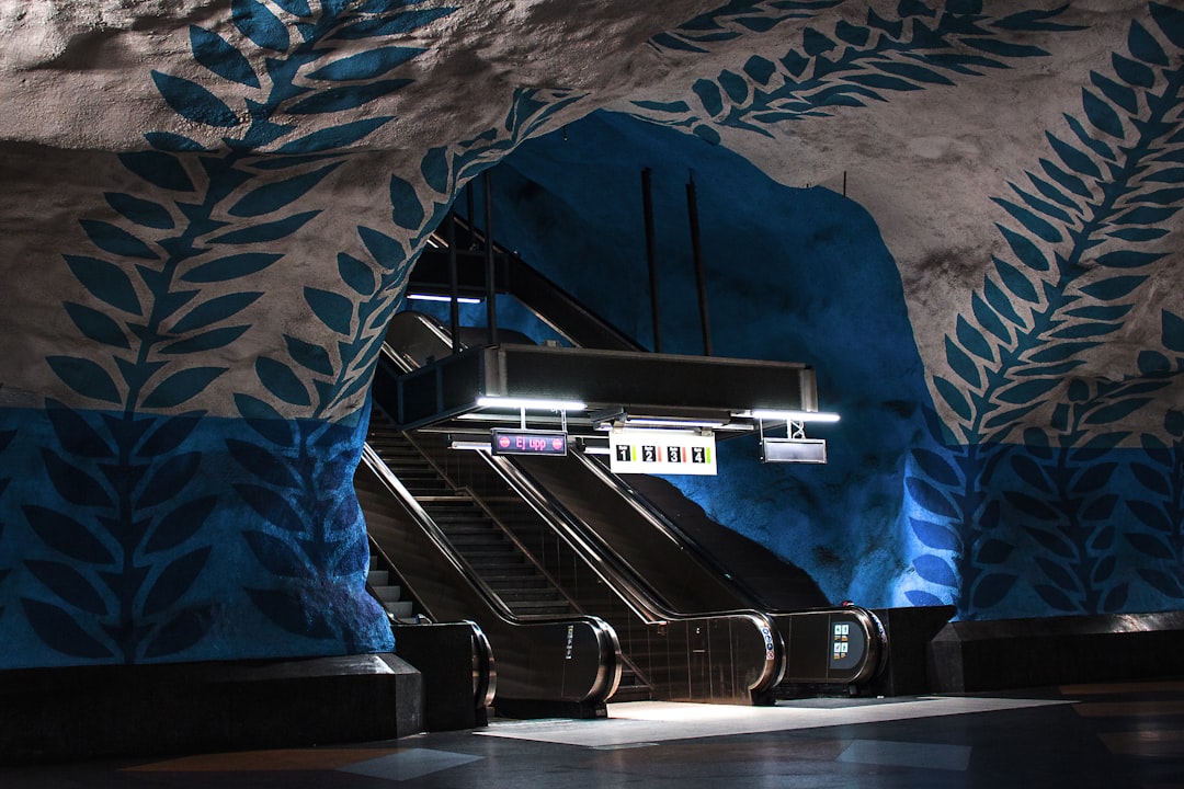 brown escalators with black bar lamp, To be alone in Stockholm subway is like to own a piece of art.