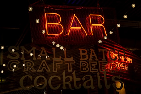 Neon signs illuminate a dimly lit bar with the words 'BAR' and other phrases advertising small batch craft beers and cocktails. Light bulbs are strung across the display, enhancing the inviting, cozy atmosphere.