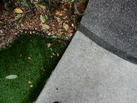 A scene consisting of green artificial grass on the left, dry leaves scattered around, and a textured gray concrete surface on the right. The area near the grass appears to have soil and is partially bordered by a black edge.