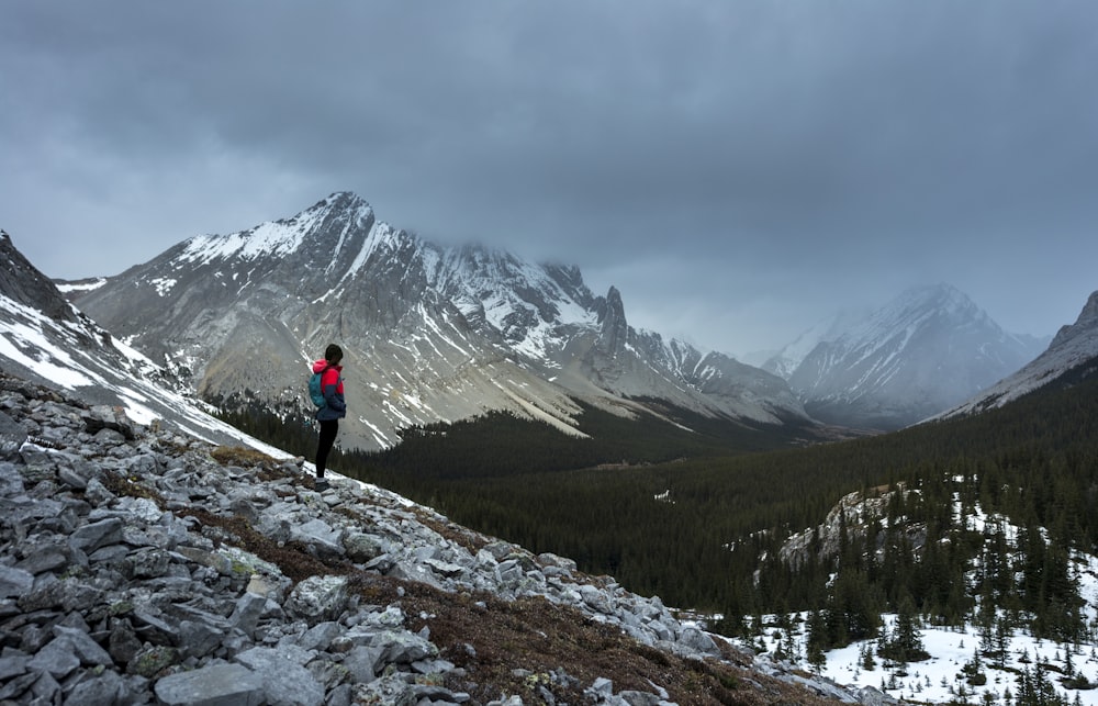 person standing on rock facing mountains