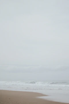 Quiet beach scene under overcast sky with distant horizon.