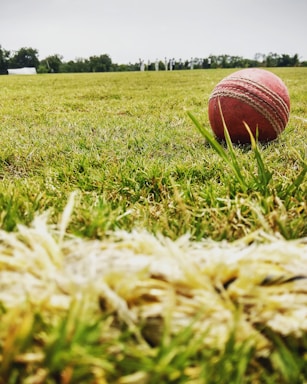 A red cricket ball rests on a grassy field, with details of the leather stitching visible. In the background, blurred figures suggest a group of people engaged in an activity, likely a cricket match, under a clear sky.