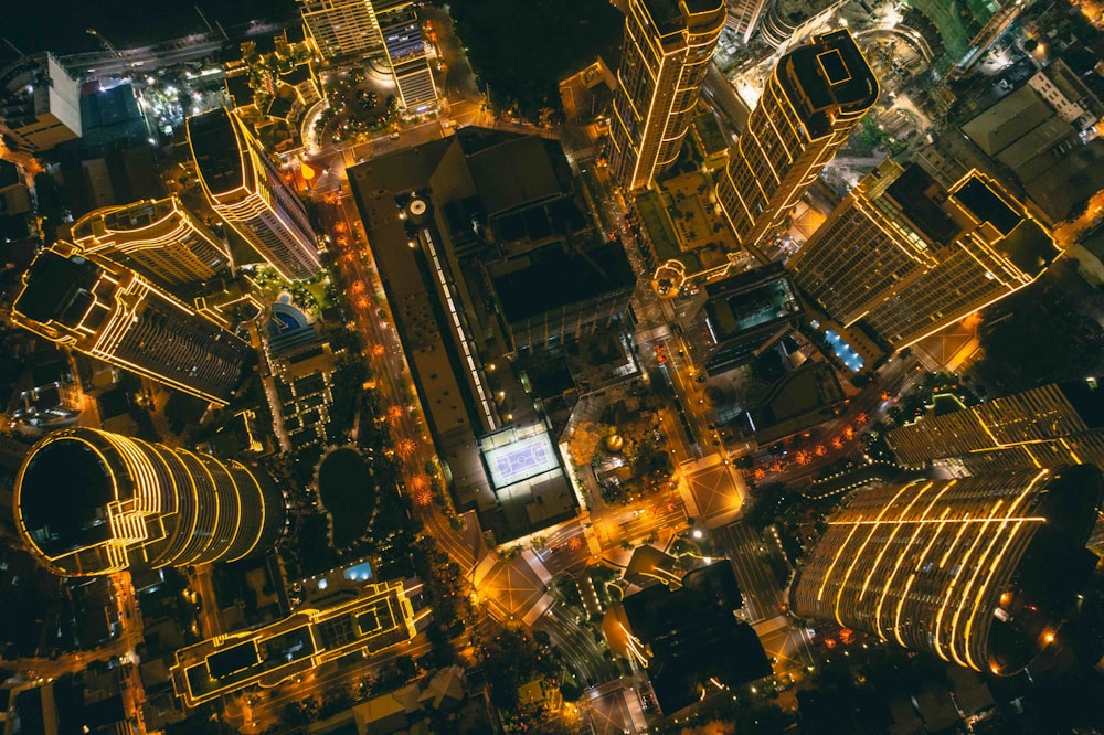 aerial view of city buildings during night time