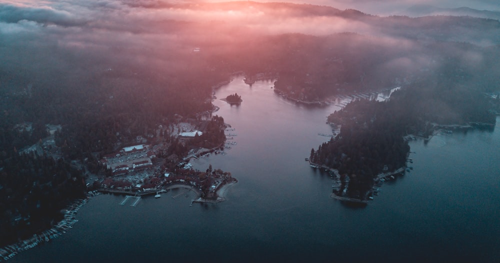 aerial photography of land and sea