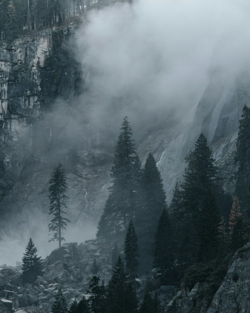 montagna innevata con nebbie